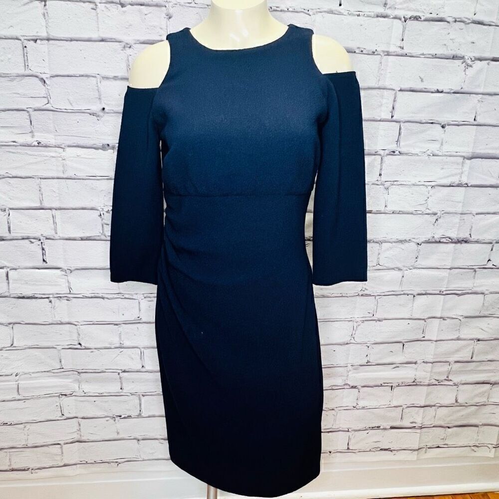 David Meister Womens Navy Blue Cold Shoulder Sheath Midi Dress Size 4